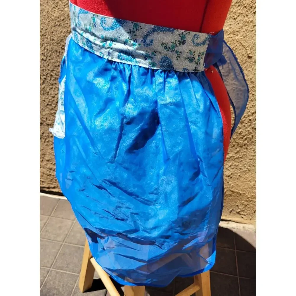 Vintage Reversible Chiffon Cotton Half Apron Blue Paisley Flowers MCM Hostess